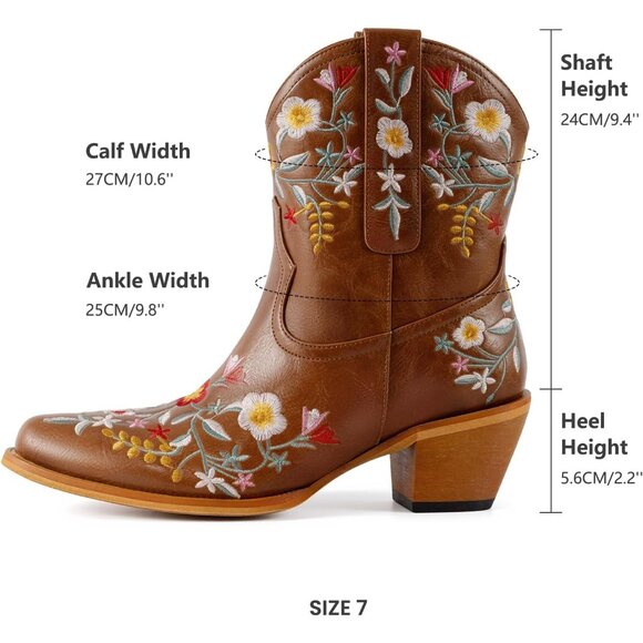 Women's Brown Flower Embroidered Ankle Cowgirl Boots Floral Snip Square Toe - Picture 6 of 6
